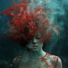 A surreal portrait of a woman with intricate, coral-like hair formations against a deep blue background