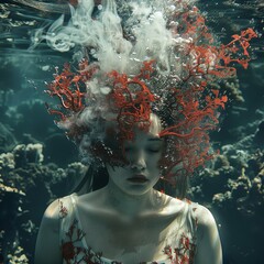 An ethereal scene of a woman underwater with red coral-like structures in her hair