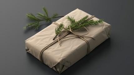 Christmas gift wrapped in brown paper with evergreen decor. Holiday present concept suitable for banner, greeting card, or poster design