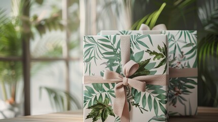 Gift boxes with tropical leaf pattern and fabric ribbon. Elegant packaging concept for design and print. Indoor composition with natural light and greenery