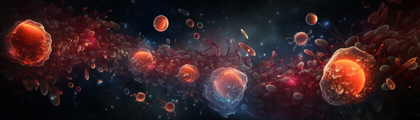 Animated scene of various cell types in the bloodstream engaging in a microscopic battle, using fluorescent imaging