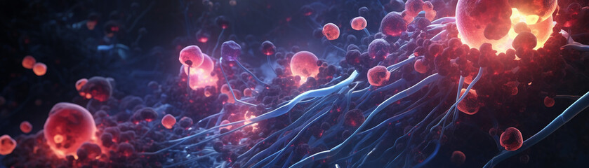 Animated scene of various cell types in the bloodstream engaging in a microscopic battle, using fluorescent imaging - obrazy, fototapety, plakaty
