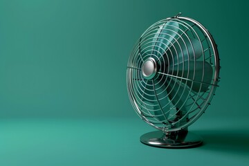 A fan is sitting on a green surface. Summer heat concept