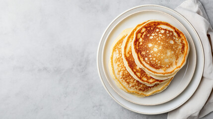 Homemade pancakes on white plate, top view, copy space. Tasty breakfast - obrazy, fototapety, plakaty