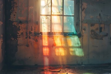 : Sunrise through a broken windowpane casting colorful light on a dusty room. - obrazy, fototapety, plakaty