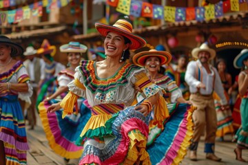 Traditional Brazilian festival atmosphere of Festa Junina. Traditional costumes and funny hats dance salsa. Festa Junina. Brazil festival. Horizontal banking poster background for web