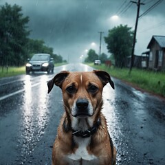 Dog abandoned on road, leaving car in the background - obrazy, fototapety, plakaty