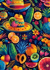 Cinco de Mayo pattern. Сinco de mayo traditional food. Сinco de mayo festival. Traditional Mexican elements. Cinco de Mayo dried fruits and Mexican ornaments