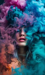Vibrant clouds of multicolored smoke conceal a person, creating a mysterious and fantasy-like atmosphere
