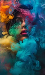 A figure is mysteriously shrouded by flowing, colorful fumes in a composition suggesting intrigue and surreal dreams