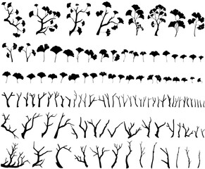 Ginkgo biloba tree branches constructor. Vector set of bare tree branches and ginkgo leaves isolated on the white background. Big collection of big and small sticks with leaves and without leaves. 