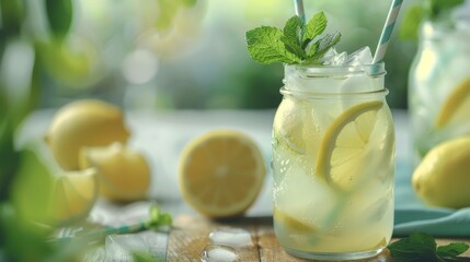 Chilled lemonade in mason jar with fresh lemons and mint. Macro shot with bokeh background. Summer refreshment and cold drink concept for design and print - obrazy, fototapety, plakaty