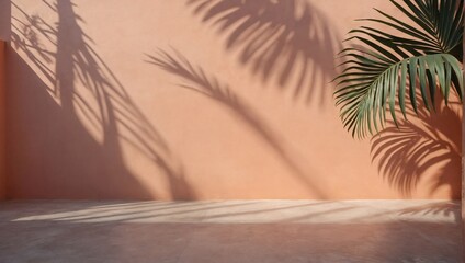 Palm leaf shadow on painted peach concrete background - D Rendering.