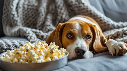 A scent hound dog is lounging on a couch next to a bowl of kettle corn popcorn