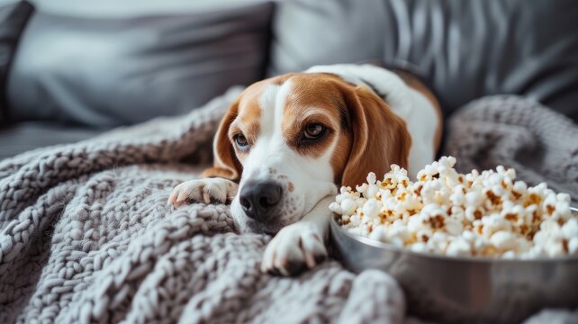 A scent hound dog is lounging on a couch next to a bowl of kettle corn popcorn
