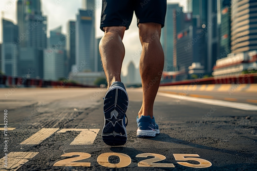 Canvas Prints A man is walking on a road with a sign that says 2025 on it