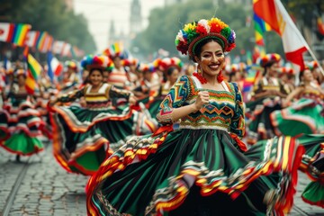 Mexican independence day. Cinco de mayo festival. A celebratory parade for Mexico's Independence Day. Cinco de mayo bunting flags
