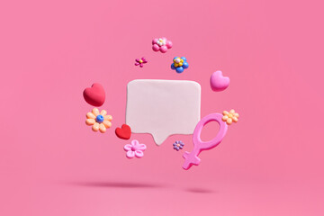 Around flowers, female symbol, heart and blank speech bubble