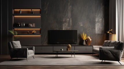 Luxury Lounge Detail, Immerse in the detail of luxurious black and gray set furniture against a mockup black painted wall with wood decor, showcased in high-definition