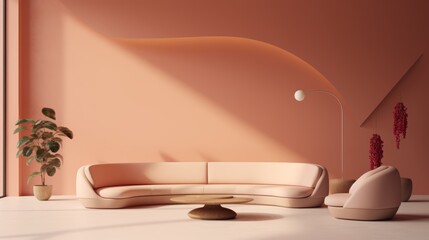 Minimalist Peach Fuzz Reception, A sleek reception area highlighted by the 2024 color of the year, peach fuzz, with a soft apricot sofa and salmon walls