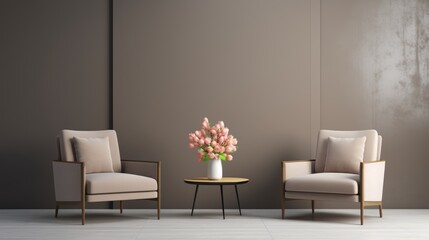 Minimalist Taupe Lounge, A modern room featuring tan armchairs and a sleek metal table, set against a pastel-tone gray wall, perfect for a premium reception or office space