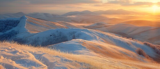 Sunrise paints snow covered hills with golden light, casting long shadows on tranquil frosty highland scenery