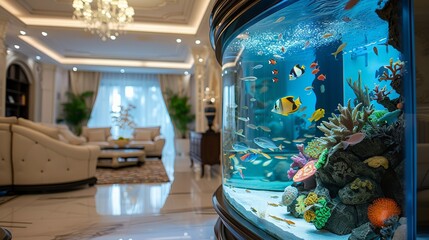 An aquarium placed in a luxurious house.