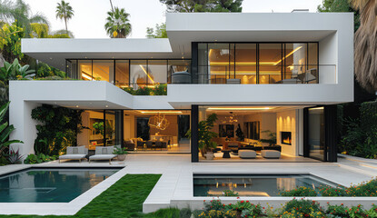 Modern two-story villa with white walls, glass windows and swimming pool in the style of Miami. Created with Ai