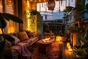 : Tropical balcony, rattan furniture, hanging wind chimes, string lights - obrazy, fototapety, plakaty