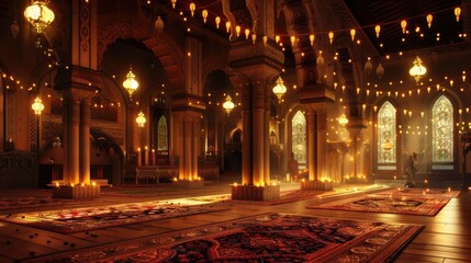 Obraz premium Eid Mubarak with a vibrant and lifelike Islamic background, featuring traditional elements such as intricate geometric patterns, Arabic calligraphy, and symbolic motifs.