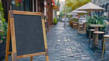 Blank chalkboard sign on sidewalk outside cafe, .in front of restaurant, menu A-frame without text