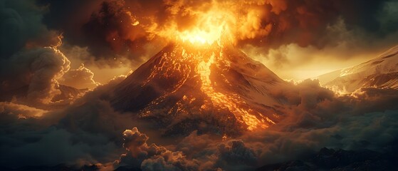 Fiery Olympus: A Symphony in Ash and Flame. Concept Adventure Photography, Nature Landscapes, Dramatic Lighting, Artistic Angles - obrazy, fototapety, plakaty
