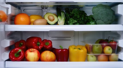 A refrigerator drawer filled with an assortment of fresh vegetables: tomatoes, carrots, bell peppers, grapes and cucumbers. The bright combination of colors indicates healthy eating and food storage.