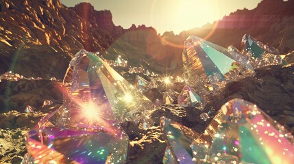 Photography of a landscape on an alien planet, featuring a field of Moissanite. These are large, sharp, and highly reflective, shimmering with multiple colors - obrazy, fototapety, plakaty