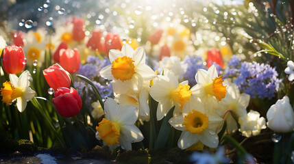 Closeup of a mixed variety of spring flowers, including tulips and daffodils, dew drops visible on petals in the early morning light