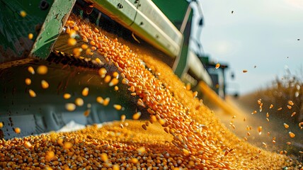 a corn auger on a combine harvester pouring corn grain into a tractor trailer, showcasing the agricultural harvest in progress.
