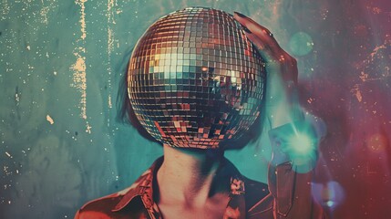 Vintage retro image of a person with a disco ball head. nightclub party portrait.