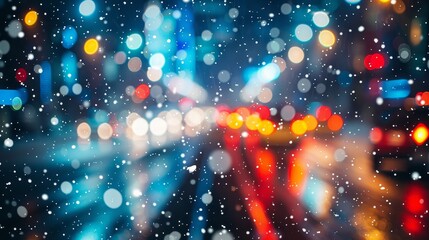 Snowfall at night in a bustling city street, blurred lights and gentle snow, winter wonderland ambiance - obrazy, fototapety, plakaty