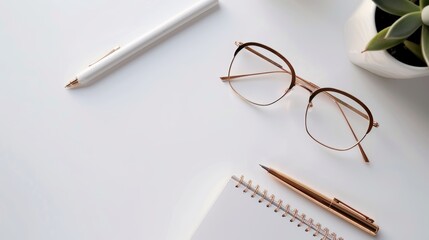 Minimalist workspace concept with white pen, glasses, and notepad on a white desk surface. Modern office with minimal design elements for design and print. Top view with copy space