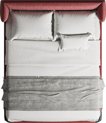 Top view of double bed with headboard and blanket