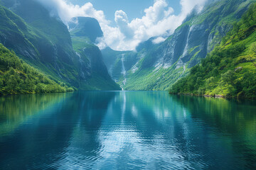Lake in the mountains, Beautiful view. Created with Ai