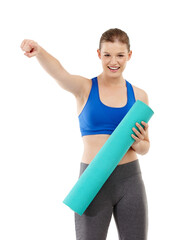 Portrait, woman and exercise mat in studio for cardio, workout and fitness for healthy diet. Female...