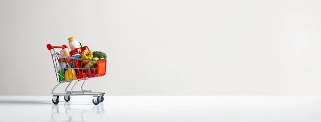 Food cart brimming with fruits and veggies on white background