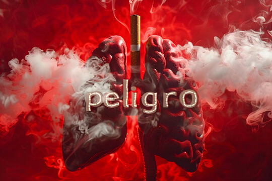 Shocking image of a cigarette burning with smoke forming the word danger over the silhouette of lungs