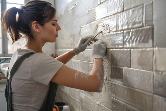 Woman repairing kitchen wall