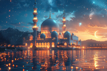 A mosque illuminated by the soft glow of moonlight, surrounded by shimmering water and twinkling stars, creating an atmosphere that is both serene and majestic. Created with Ai - obrazy, fototapety, plakaty