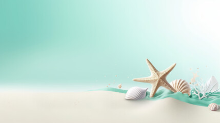 Fototapeta na wymiar minimal illustration for Summer event banner, A cool, jade-colored beach, vibrant colors, crystal sand, Seashells, five-legged starfish on the white sandy beach, sand sparkling like crystal