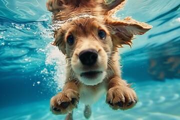 A dog is swimming in a pool and looking up at the camera. Summer heat concept, backdrop
