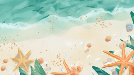 Fototapeta na wymiar minimal illustration for Summer event banner, A cool, jade-colored beach, vibrant colors, crystal sand, Seashells, five-legged starfish on the white sandy beach, sand sparkling like crystal