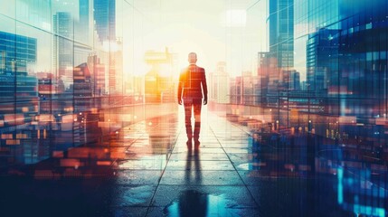 Silhouette of a Man Walking in a Modern City Environment with Double Exposure. Urban life and business concept. Futuristic cityscape design for poster, background